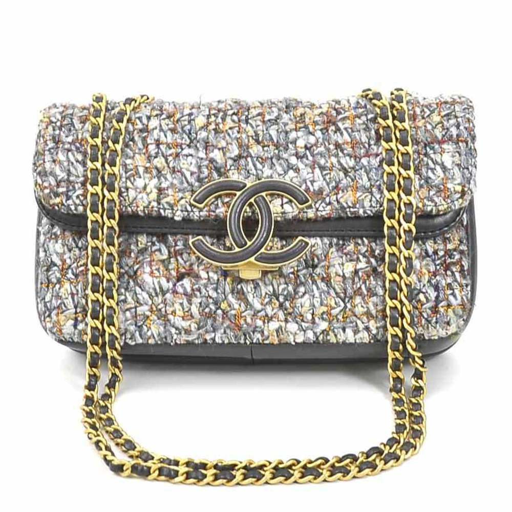 CHANEL Shoulder Bag Coco Mark Tweed/Leather Gray/Blue/Multicolor Gold Ladies - Picture 1 of 5